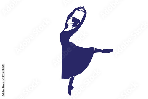 A ballet dancer in a graceful pose, arms arched, leg extended, on a white field