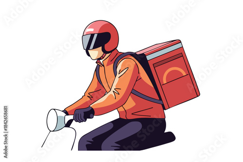 A courier on a scooter wearing a helmet and carrying a delivery backpack