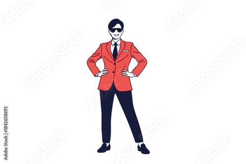 Figure in a red jacket, sunglasses, and dark pants stands with hands on hips