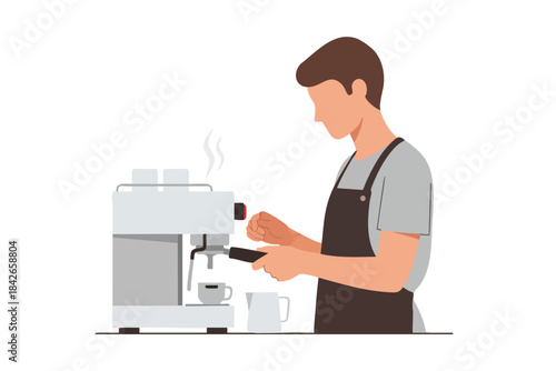 An illustrated barista pulling espresso, wearing apron, steaming machine
