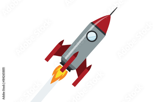 Cartoon rocket ship blasts off with orange and yellow flames against white