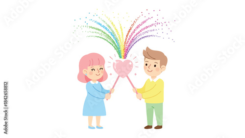Heartfelt Connection: In a vibrant illustration, two young people holding wands that emit a spectrum of colored bursts, creating a symbolic representation of love and connection.