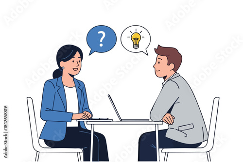 A woman and man sit across from each other with thought bubbles and a laptop