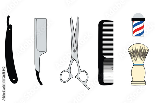 Vector illustration of barber tools, including razors, scissors, comb, brush, and pole