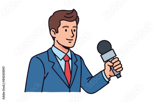 A man in a blue suit and red tie holds a microphone, ready to interview