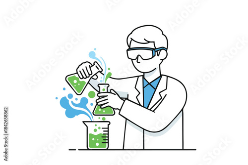 A scientist in a lab coat is pouring liquid from a beaker into an Erlenmeyer flask