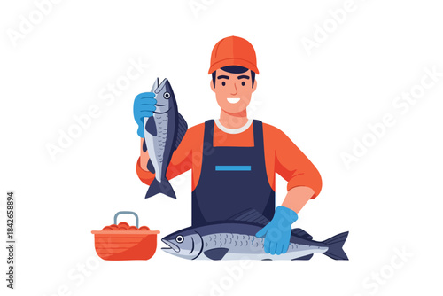 A smiling fisherman holds two fish, with a basket of tomatoes in front of him