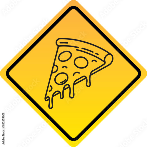 Slice of pizza icon dripping cheese warning sign symbol for food danger or deliciousness vector illustration on yellow background
