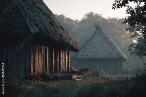 Atmospheric view of rustic, thatched-roof cottages bathed in morning mist, evokes a sense of peace and simple, rural living in the countryside.
