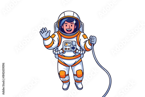 Cartoon astronaut waves and smiles. Has orange accents, a blue cord, and star reflection