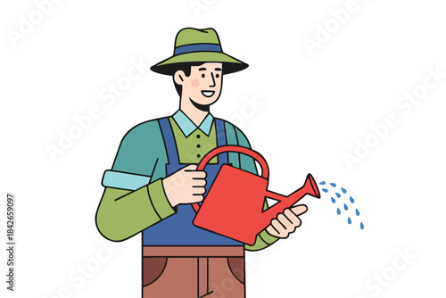 A smiling person in green and blue attire waters with a red can