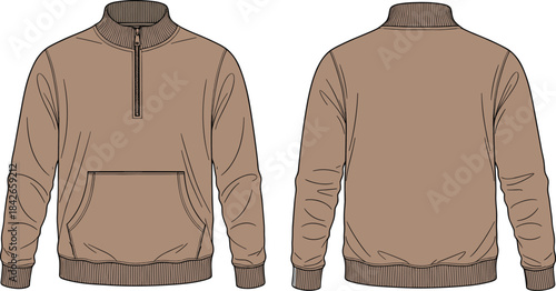 Fashion illustration of brown pullover sweatshirt with high collar, short zipper, kangaroo pocket, ribbed trim, front and back views