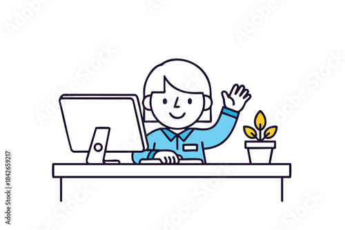 Illustration of a person at a desk waving, with a computer and a potted plant
