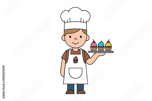 A cartoon baker in a chef hat and apron is holding three cupcakes on a tray