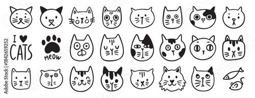 Cat face doodle set, hand drawn cute kitty vector clipart, emoticon, isolated illustration for children card coloring cartoon kawaii