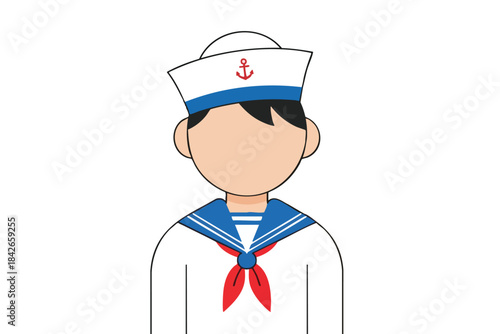 A simple illustration of a person in a sailor uniform with a hat and a red scarf