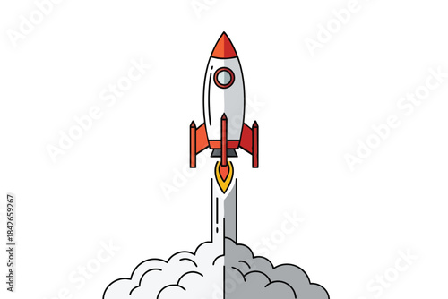 Cartoon rocket launching into space with exhaust and smoke against a white background