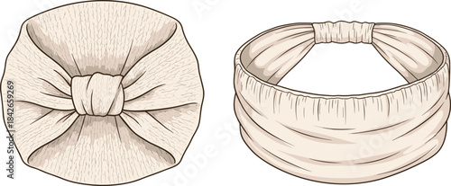 Fashion illustration of two headband styles—turban knot and ruched wide band with elastic back, front view accessory comparison