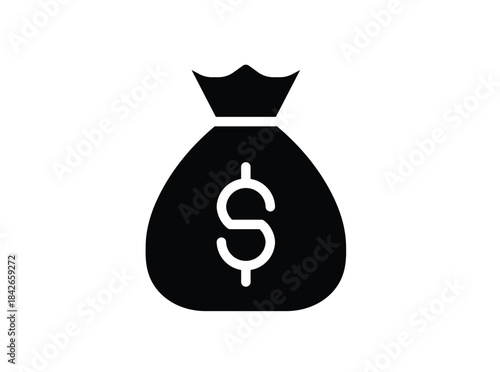 Black Money Bag Icon with Dollar Sign for Financial Concept and Savings