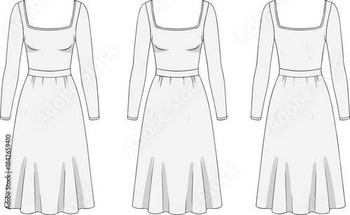 Technical fashion illustration of long-sleeve dresses with square neckline, pleated skirt, fitted bodice, seam variations, front view comparison