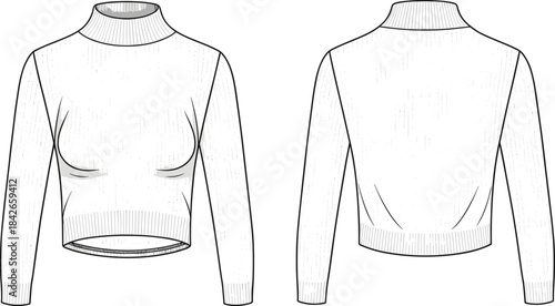 Technical fashion illustration of cropped sweater with long sleeves, high neck, ribbed trim, bust darts, fitted silhouette, front and back views