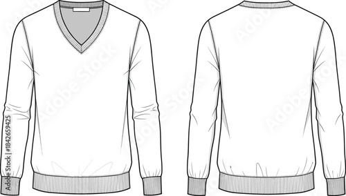 Technical fashion illustration of long-sleeve V-neck sweater with ribbed cuffs and hem, clean silhouette, front and back views