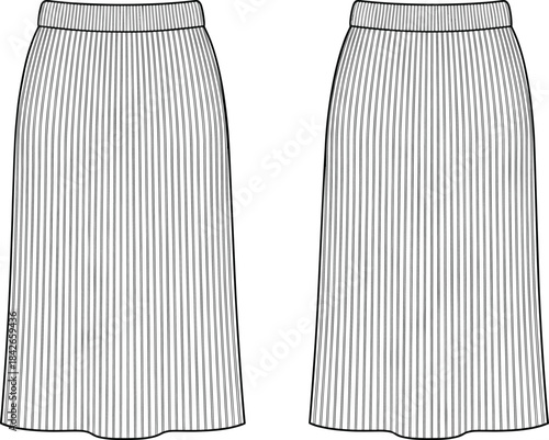 Technical fashion illustration of pleated skirts with waistband, wide and narrow pleat styles, flared silhouette comparison, front view sketch