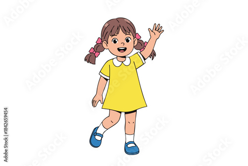 A happy little girl in a yellow dress waves with pink bows in her hair