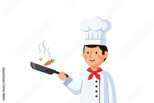 Cartoon chef tossing food from a pan, with egg and carrot, smiling on white