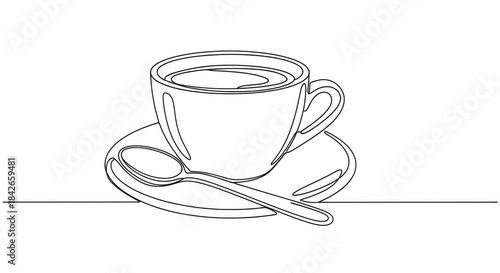 Elegant minimalist continuous line drawing of coffee cup with spoon on white