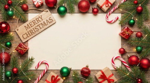 lively merry christmas christmas decorations flat lay with copy space stock photo background ready for text or design overlay