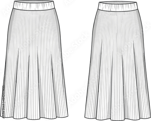Technical fashion illustration of pleated skirts with waistband, wide and narrow pleat styles, silhouette comparison, front view garment sketch