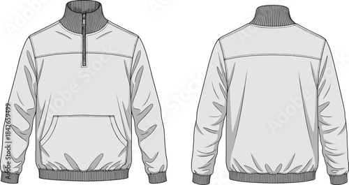 Technical fashion illustration of pullover jacket with high collar, short zipper, kangaroo pocket, ribbed trim, front and back views