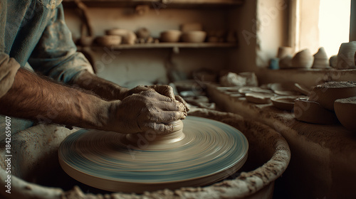 Potter shaping clay on wheel in workshop.