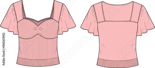 Technical fashion illustration of women’s blouse with flutter sleeves, sweetheart neckline, gathered bust, ribbed panel, front and back views
