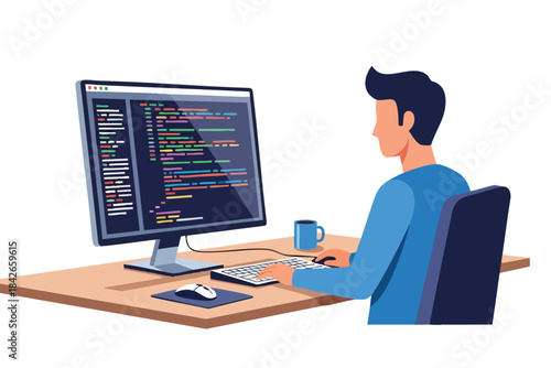 A person codes at a desk, looking at a screen displaying colorful lines of text