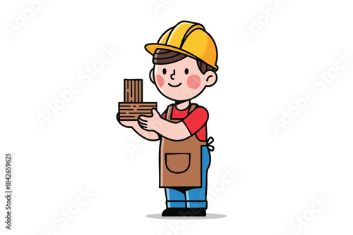 A cartoon worker wears a hard hat, apron, and holds wooden planks