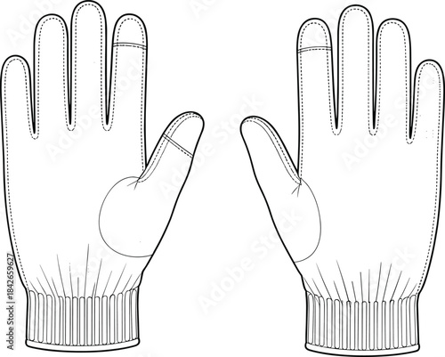 Technical illustration of gloves with ribbed cuffs, reinforced thumb and palm, stitching details, ergonomic design, front and back views