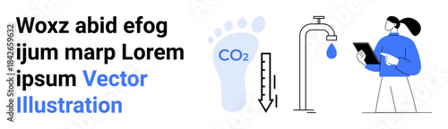 Environmental awareness, sustainability, water preservation, carbon footprint reduction, climate change, eco-friendly living. Footprint icon, tap with water drop, and a researcher taking notes