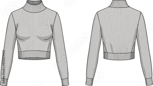 Technical illustration of ribbed knit crop top with mock neck, long sleeves, fitted silhouette, front and back views, fashion sketch