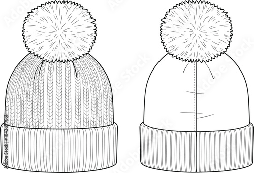 Technical illustration of winter beanie with pom-pom, ribbed brim, knit texture, reinforced seams, front and back views, fashion sketch