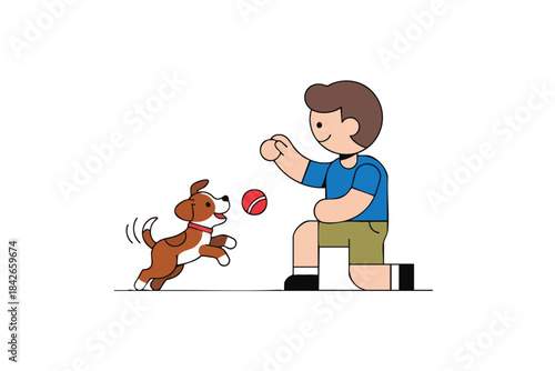 A person kneels, tossing a ball as a brown dog leaps towards it joyfully