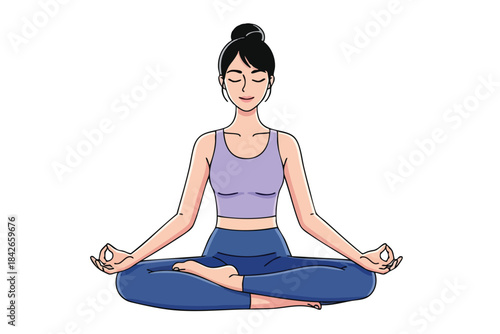 Cartoon illustration of a woman meditating in lotus pose with hands in Jnana mudra