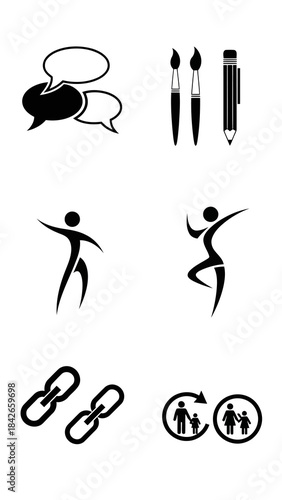 Abstract icons set communication art brushes pencil dancing fitness link chain connection family group isolated white background graphic design elements concept