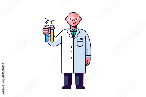 Vector image of a scientist holding lab tubes with colorful solutions and bubbles