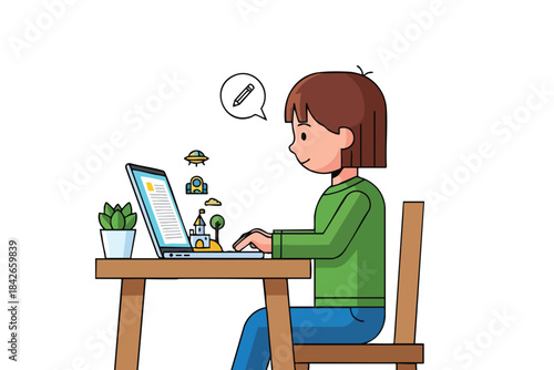 A person with short hair sits at a desk, typing on a laptop, and imagines a fantasy