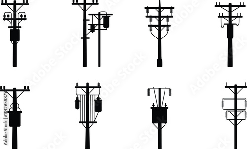 Collection of Silhouetted Electricity Poles with Transformers and Insulators power line utility pole