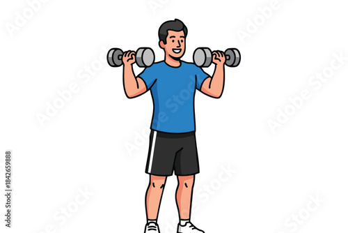 A person lifting weights overhead, smiling, in a blue shirt and black shorts