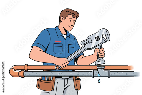 Cartoon plumber fixing leaky pipe with a wrench; water droplet visible