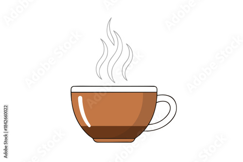 A brown mug with white rim and handle has steam rising from it